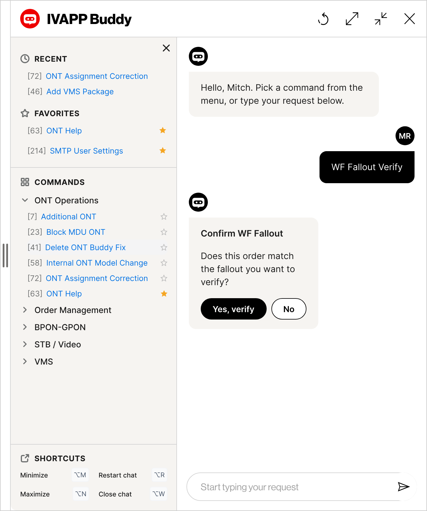 IVAPP Buddy chat with command sidebar and confirmation card