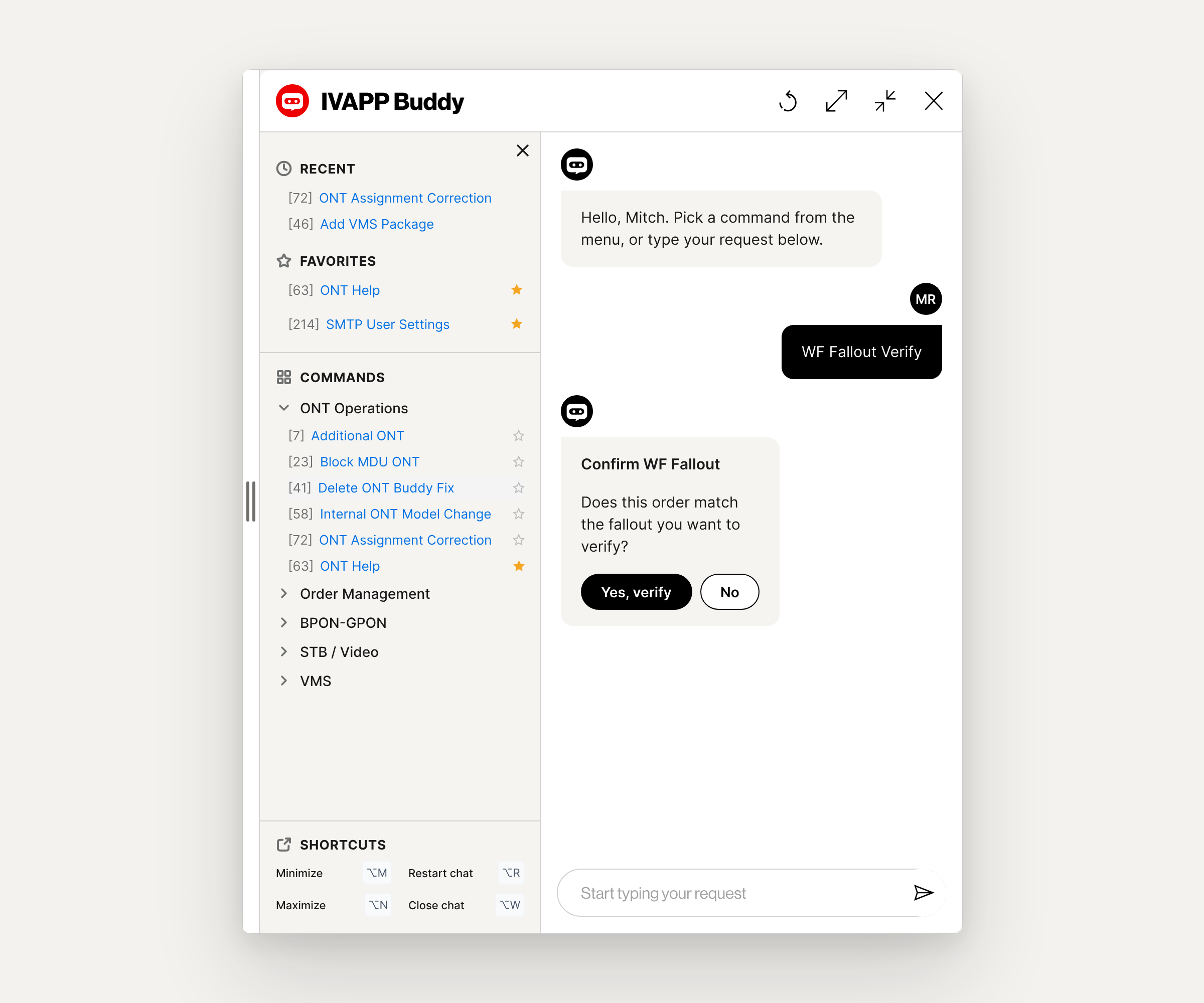 IVAPP Buddy interface with command sidebar, chat and confirmation card